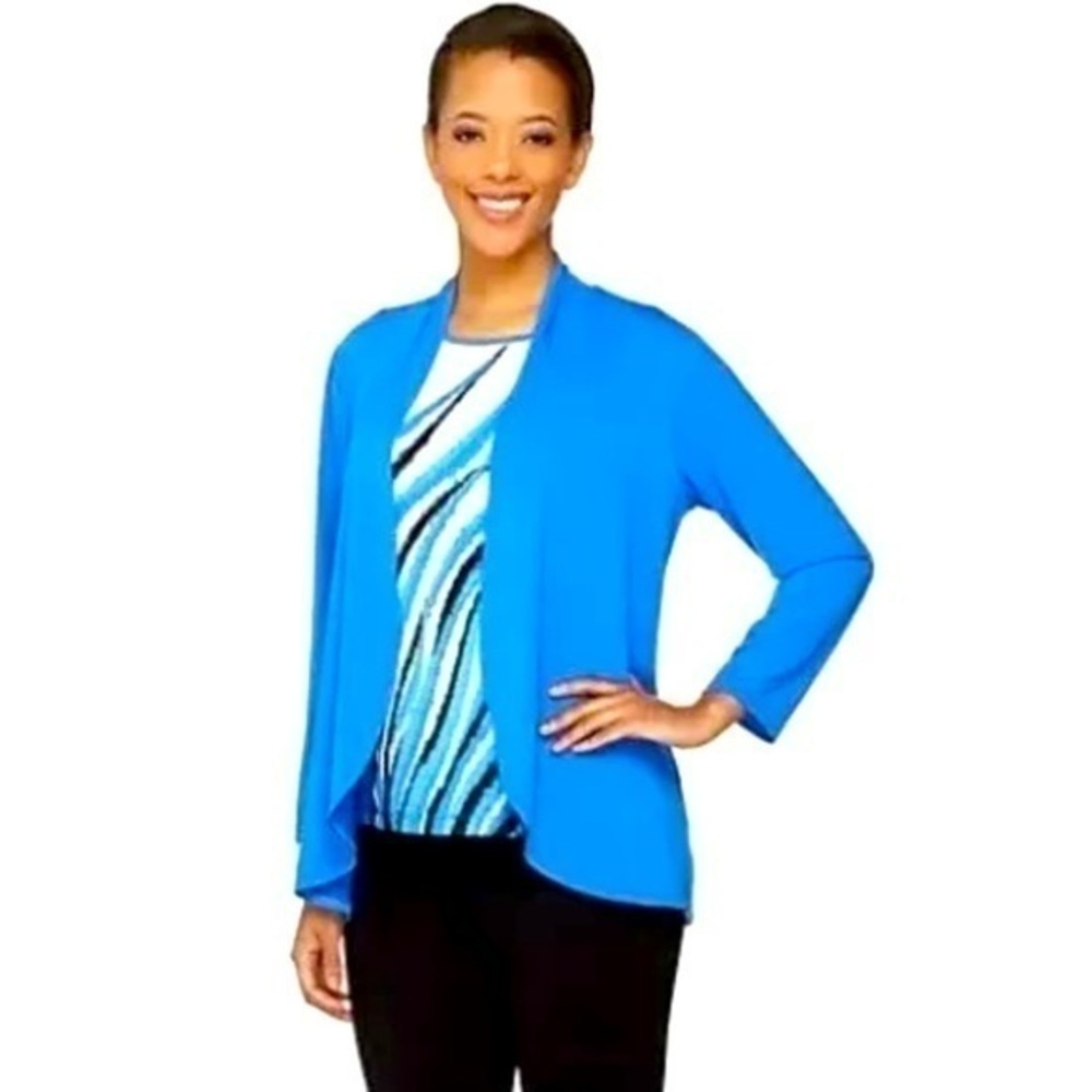 Bob Mackie Lg Cardigan Open Front Blue 3/4 Sleeve Worn Once